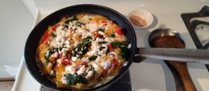 Garden to Pan Spinach, Tomato, Pepper Omelet with a Bit of Feta